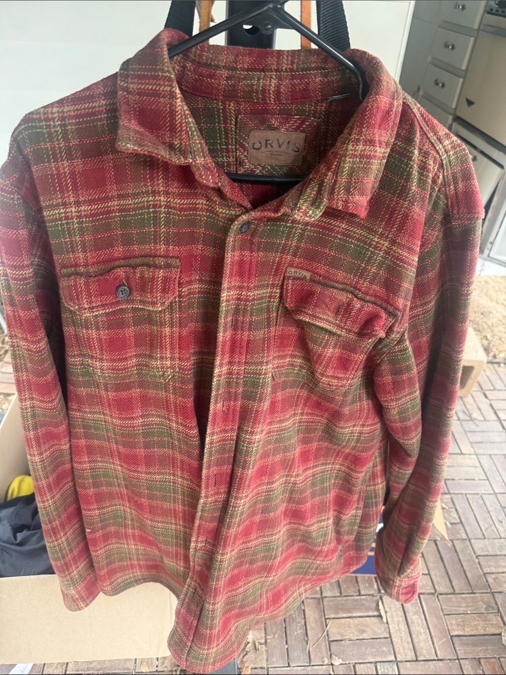 Orvis Men's Red & Green Plaid Button-Down Flannel Shirt